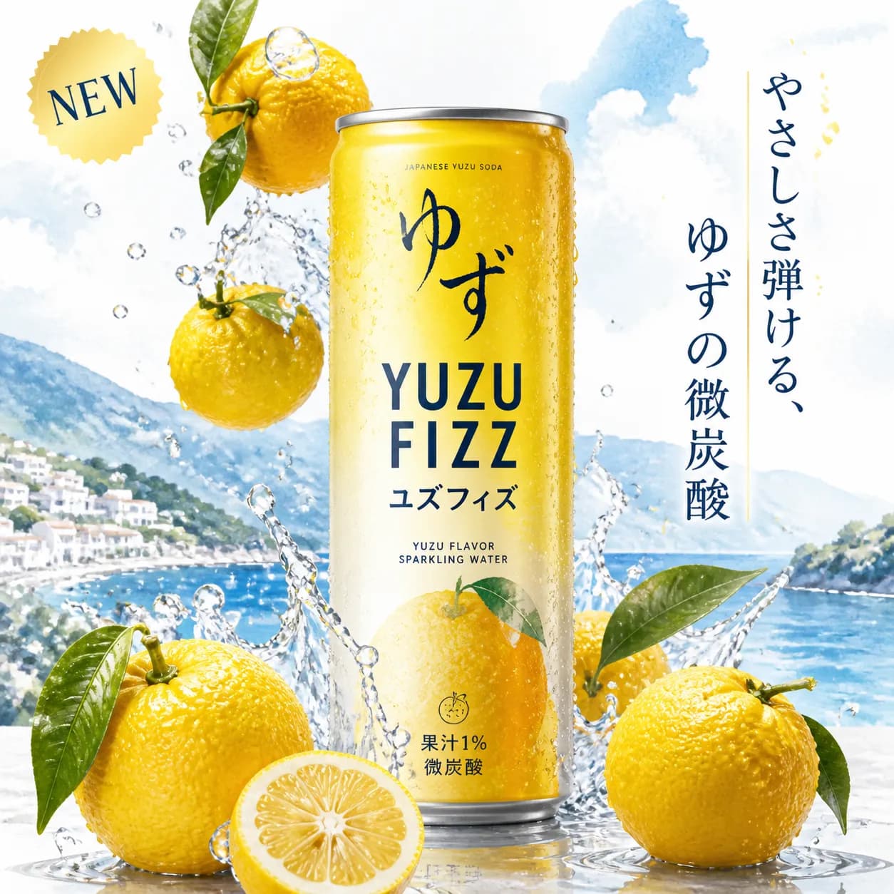 Yuzu Fizz Japanese citrus soda product advertisement poster