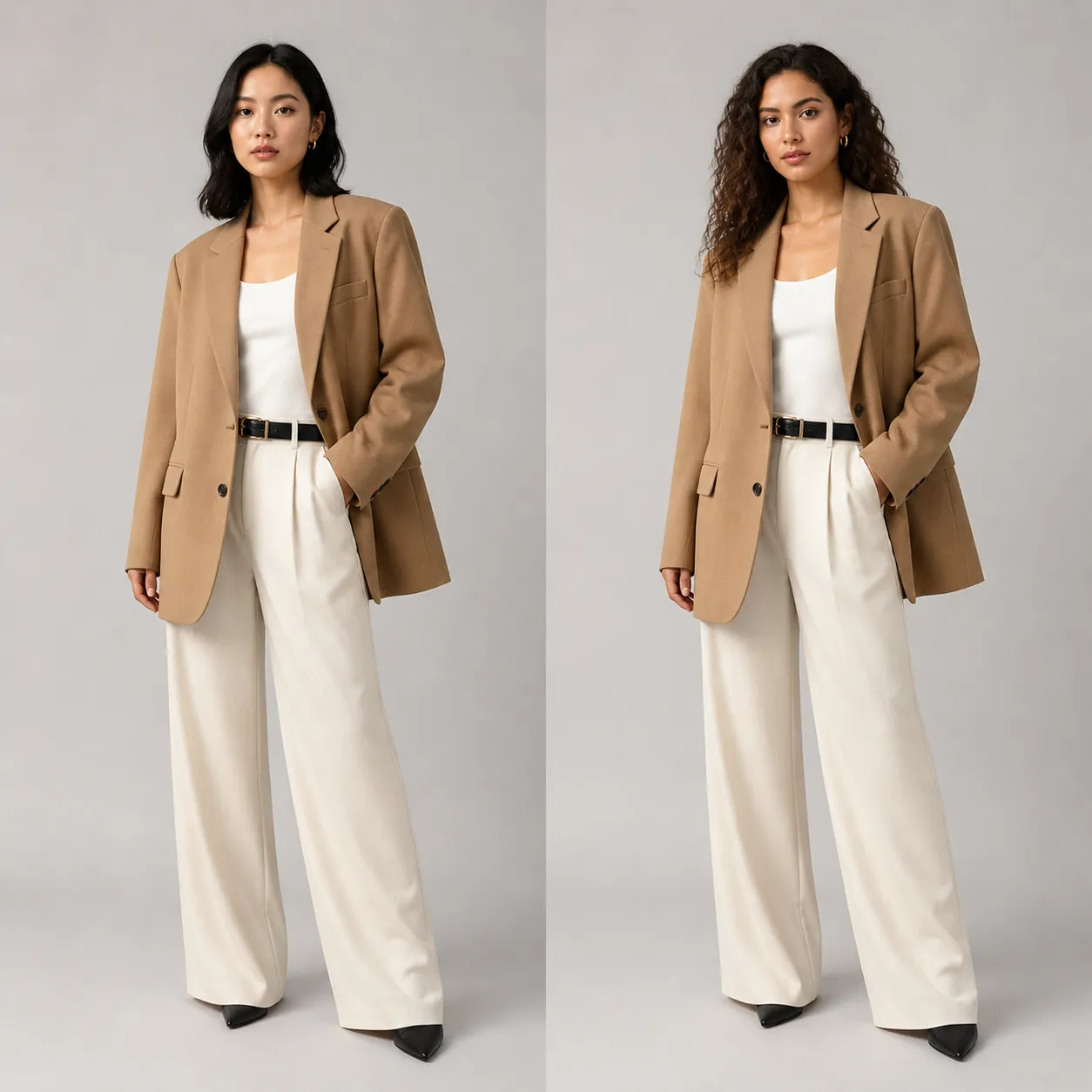 Two-model camel blazer e-commerce comparison shot for catalog listing
