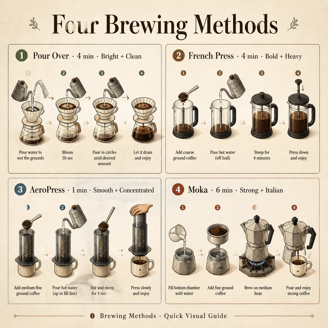 Four Brewing Methods coffee infographic poster in earth-tone palette