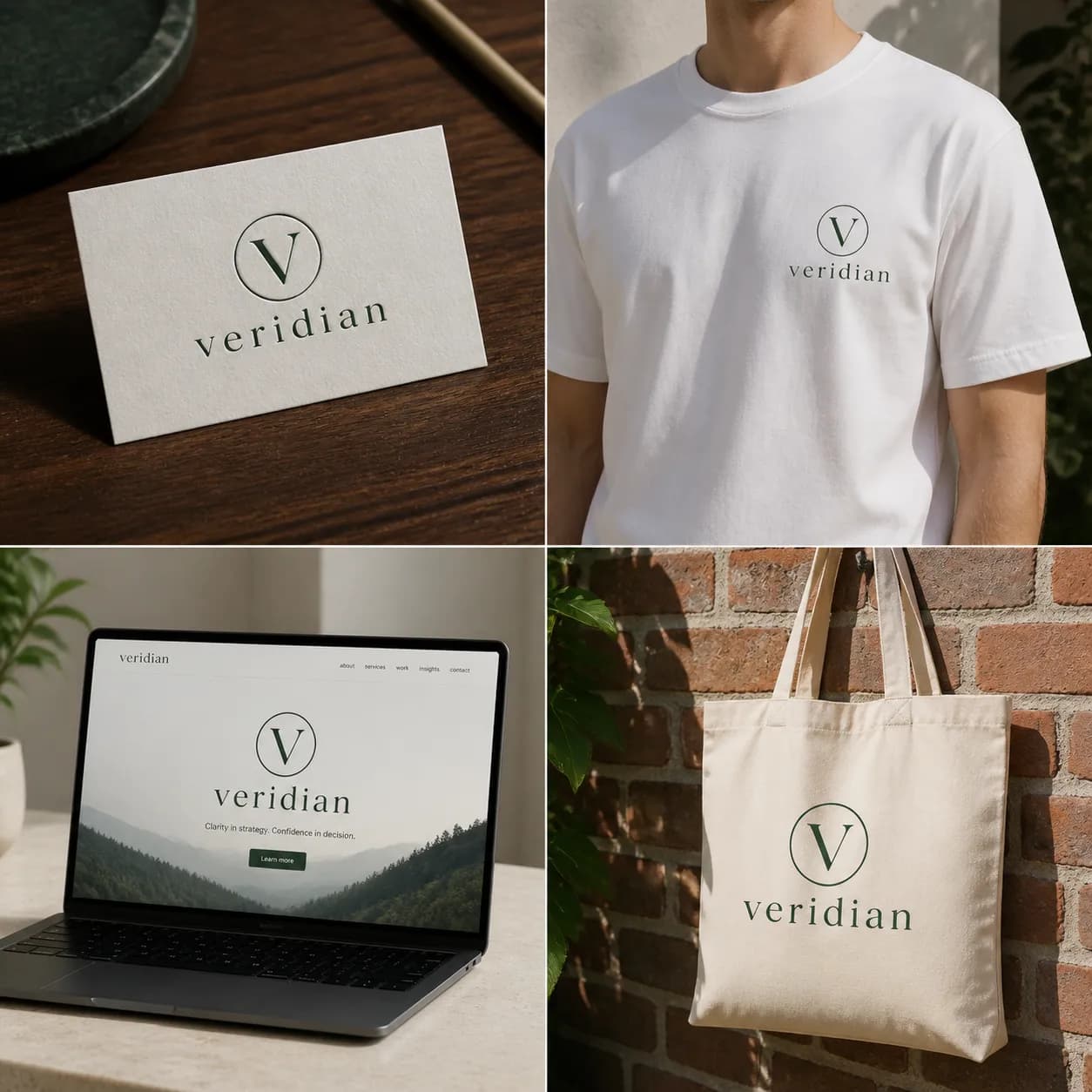 Veridian brand identity logo applied across business card, t-shirt, website and tote bag mockups