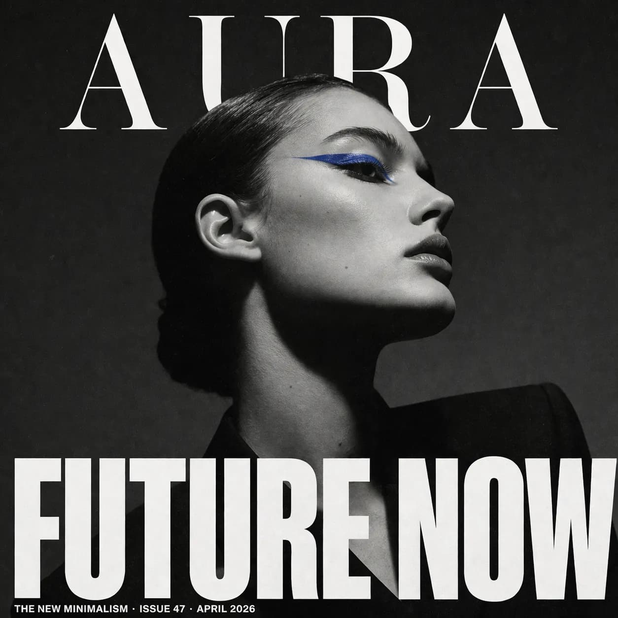 AURA editorial fashion magazine cover with monochrome profile portrait