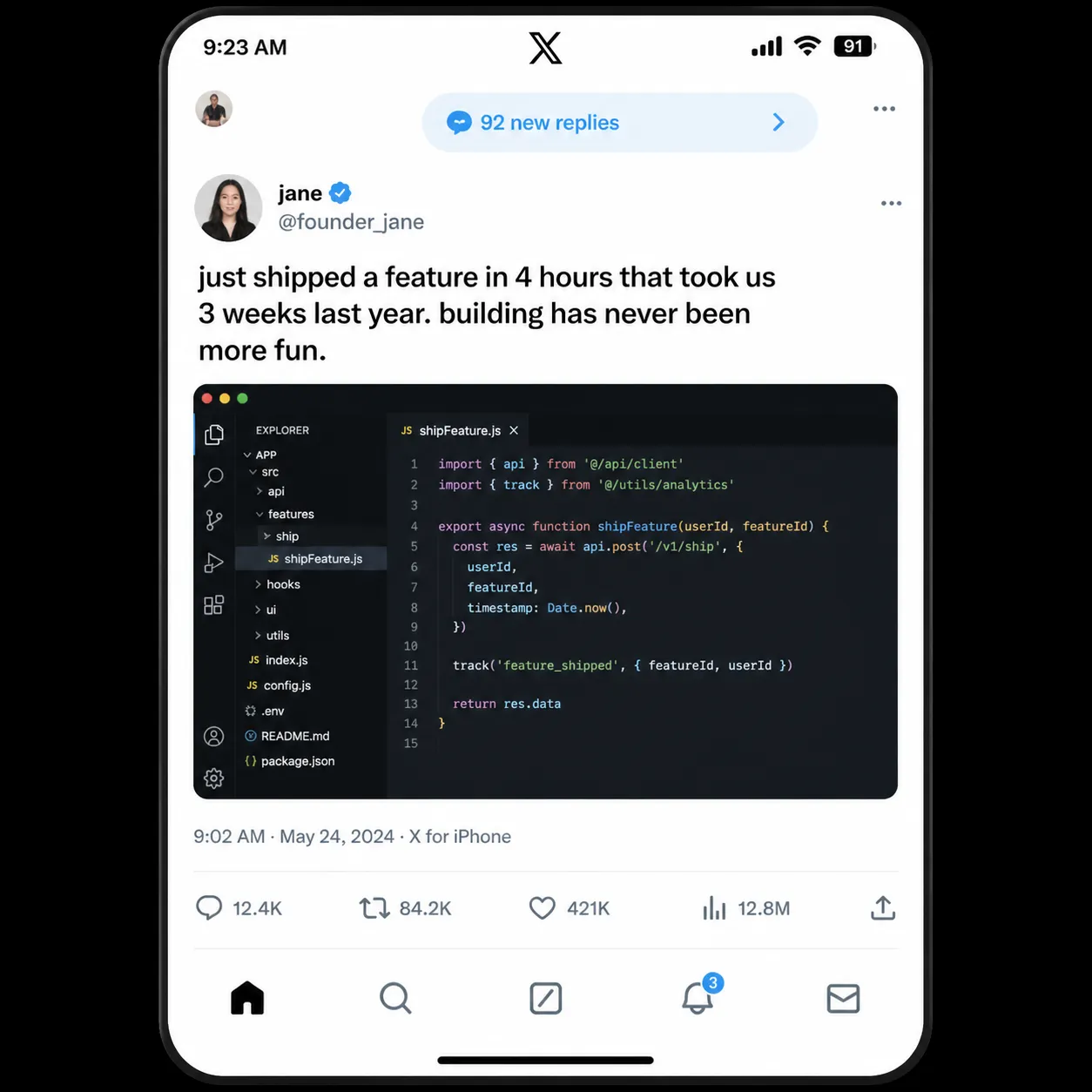 Viral X (Twitter) post mockup with high engagement metrics