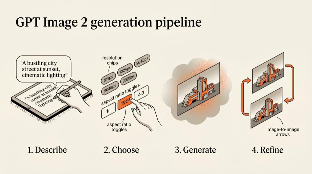 GPT Image 2 generation workflow — four-step pipeline from prompt to 4K image