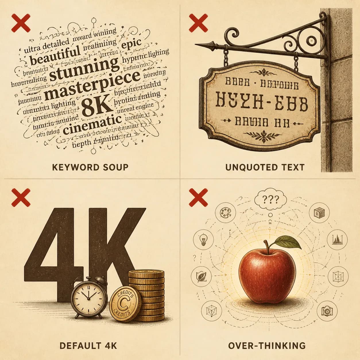 Four common GPT Image 2 mistakes — keyword soup, unquoted text, default 4K, over-thinking